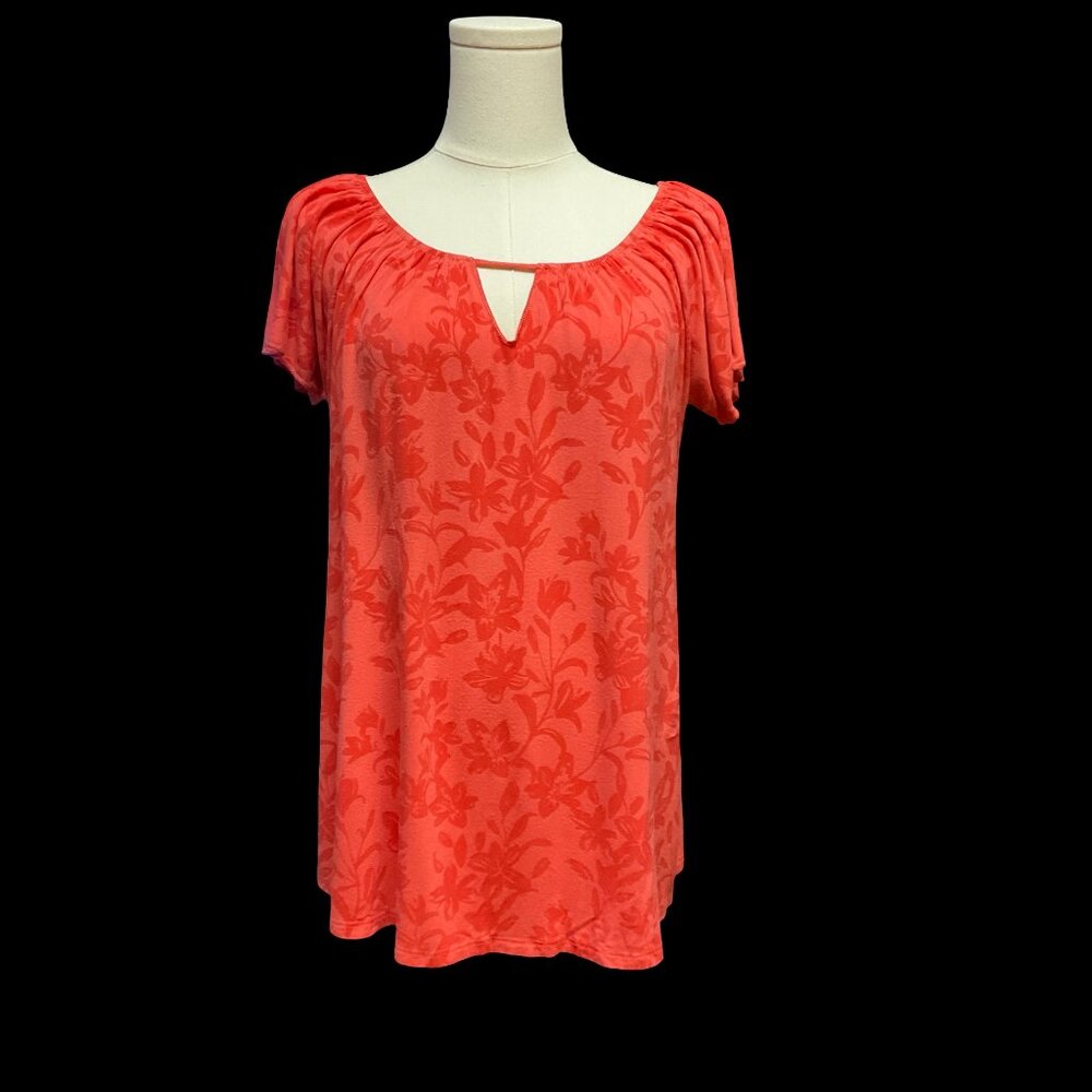 Salmon Floral Print Peasant Top w/ Flutter Sleeve